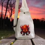 Beige & White Canvas Sling Bag for Women & Men | Anchor & Fire Monster Printed Crossbody Shoulder Bag | Adjustable Strap Casual Travel College Office Multipocket Messenger Bag