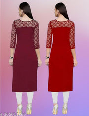 Pack of 1 Casual American Crepe And Net Round-Neck 3/4 Length Sleeves Maroon & Red Kurti (42"Inches)