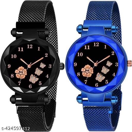 Pack Of 2 Black Flower Printed Dial Luxury Magnetic Strap Girls Analog Watch