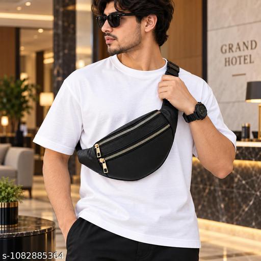 Men’s Stylish Black Sling Waist Bag with Double Zip Compartments | Adjustable Crossbody Travel Bag