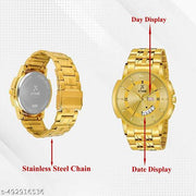 XTIME Analogue Day & Date Watch Round Gold Dial & Gold Chain for Men's & Boys