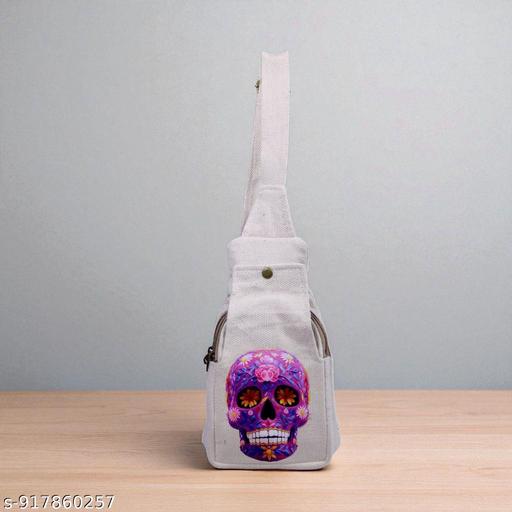 Off-White Cotton Canvas Sling Bag with Purple Floral Sugar Skull Print | Eco-Friendly Crossbody Shoulder Bag for Travel, College, Festivals & Daily Use