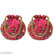 Foxtree 2 Pcs Indian Handmade Embroidered Potli Combo For Womens & Girls Wristlets Handbags To Carry In Parties, Weddings And Social Events Purses.