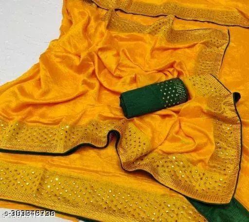 Raajshree Satin silk Yellow Mirror Work Saree With Blouse | yellow saree | yellow saree haldi | pili saree