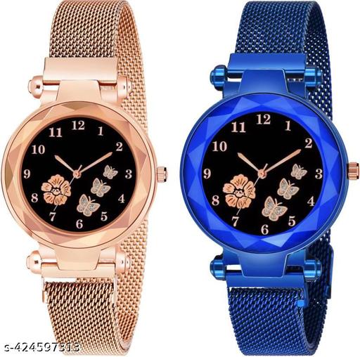 Pack Of 2 Black Flower Printed Dial Luxury Magnetic Strap Girls Analog Watch