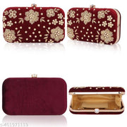 RABIYA Fashion Ladies Velvet Clutch – Dark Maroon & Gold Embroidered Bridal & Weddings Girls & Women