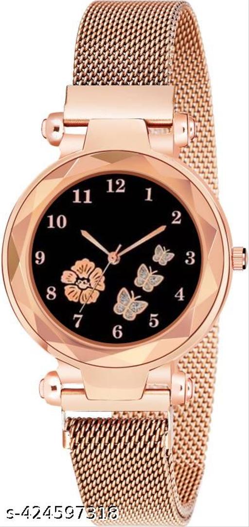 Pack Of 2 Black Flower Printed Dial Luxury Magnetic Strap Girls Analog Watch