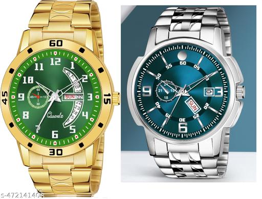 Day n Date Men Stylish Analog Latest Watches Combo - Set of 2 - GOLD-6-AND-SLV-11