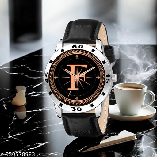 Femeo  Analog 9109 Watches Round Black Dial F Design Stylish Black Leather Strap Classic Design Fancy Wrist Watch for Men and Boys, Pack of 1 - A07ZALPHA-F-AVO-SIL-BLK-L