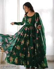 gown party wear Flower Print Long Kurti With Dupatta (No Bottomwear)