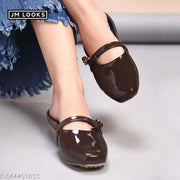 JM Looks Women's Glossy Patent Slip-On Mules with Bow Detail Flat Sandal Comfortable Cushion Footbed for Office Party & Casual Wear- Brown