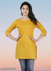 Sudhi Womens Pintucks Solid Short Kurti Yallow