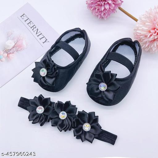 SYGA Baby 3 Flower pattern Hairband & Shoes Set Soft, Comfortable Fit for Ages 0-1 Years | Ideal for Newborns & Toddlers(Black)
