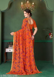 Daily Wear Orange  Georgette Lace Border Saree With Unstitched Blouse Piece