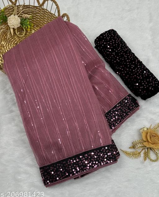 Stylish Sequin Embellished Saree for Women with Heavy Designer Blouse Cocktail Party Wedding Wear Saree
