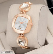 White Square Dial White Diamond Rosegold Metal Analog Watch For Women and Girls