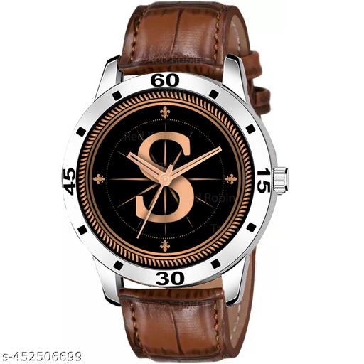 Gadgets WorldAnalog Round Black Dial ALPHABET S Design Stylish Brown Leather Strap Classic Design Fancy Wrist Watch for Men and Boys, Pack of 1 - ALPHA-S-AVO-SIL-DBRW-CRL -1