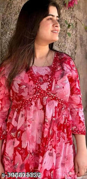 Stylish Alia Cut Single kurti for Women Ethnic Wear|Dress for Wedding Festival party wear desinger Dress| women Aline Dress Gifts|Pink Floral Printed Rayon Kurta with Lace Border| – Empire Fit, V-Neck, Calf Length, Three-Quarter Sleeves, Daily Wear|