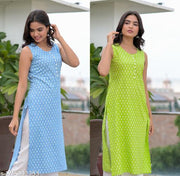 Women Stylish Rayon Fabric Slevless kurta 2 pic Combo(blue and pink)