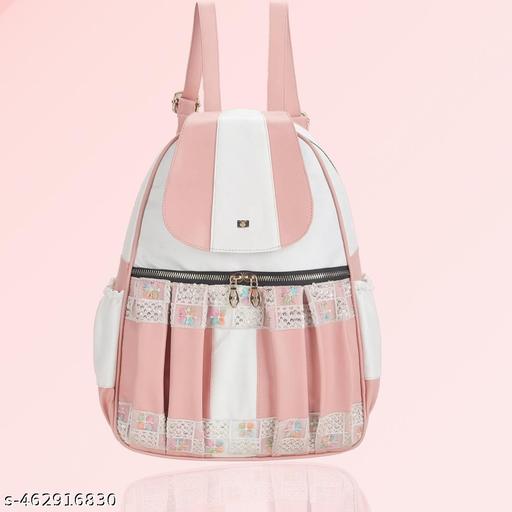 Fiago Trendy Women's Backpack | PU Leather Shoulder Bag with Elegant Lace & Pleated Design | Casual & Travel Backpack | Pink & White