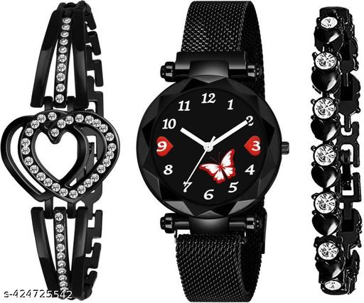 Butterfly Dial Magnetic Strap Watch And Fancy Bracelet Combo Set Girls