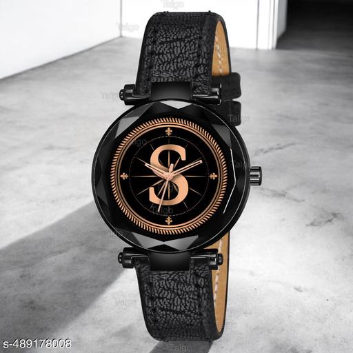 Krolexe Analog Round Black Dial ALPHABET S Design Stylish Black Leather Strap Classic Design Fancy Wrist Watch for Women and Girls, Pack of 1 - ALP-S-GEN-BK-BLK-CUTL