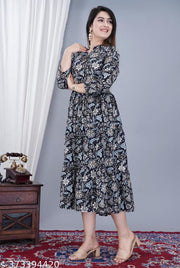 Women's Stylish Full Flair Anrakali Rayon Jaipur printed  Black Kurta
