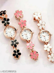 Flower Combo Wrist White Dial metal Strap Analog Watch for Girls Pack of 3