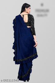 Blue Lycra Saree with Sequins Work Blouse | Modern Ruffle Saree for Women
