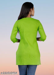Womens Pintucks Solid Short Kurti Green