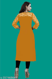 Casual American Crepe And Net Round-Neck 3/4 Length Sleeves Yellow Kurti (42"Inches)