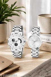 Silver Analog Watch For Men & Women Couple Pair Stainless Steel Stylish