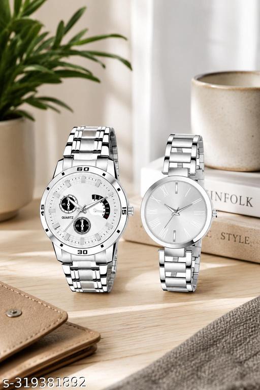 Silver Analog Watch For Men & Women Couple Pair Stainless Steel Stylish