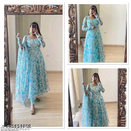 QVAZOR Stylish Fancy Trendy Printed Poly Georgette Gown with Dupatta For Women For Party Wedding Festival Functions