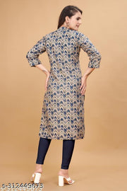 Womens Muslin 3/4 Sleeve Round Neck Calf Length Printed Kurti