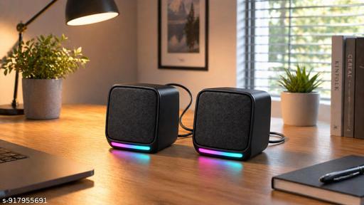 USB Computer Speakers, 6W Stereo Sound with Multicolor LED, USB Powered & AUX Input, Volume Control Pod for PC, Laptop, Desktop | Black ( Pack of 1 )