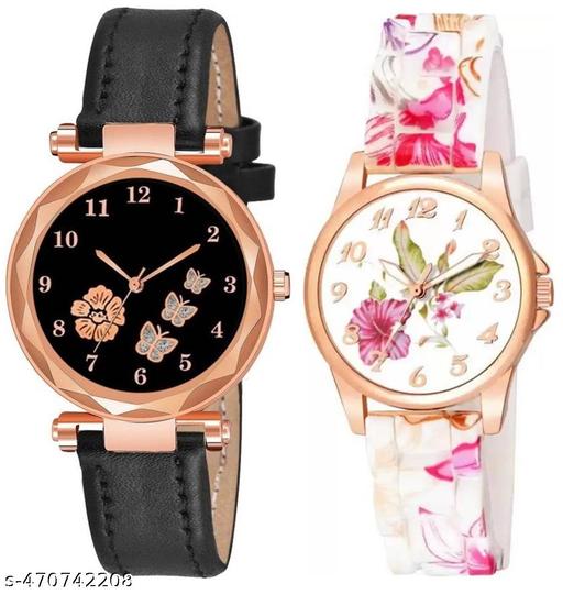 Flower Round Dial Analog Wrist Watch For  Women and Girls Pack of 2 Watch
