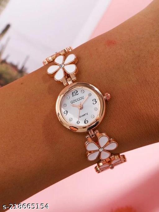 Flower Pattern Analogue Women's or Girls Watch (Rose Gold White)