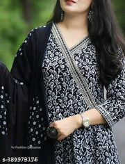 Black Premium Printed Designer Anarkali Embroidery Women Rayon Kurta With Pant And Cotton Dupatta