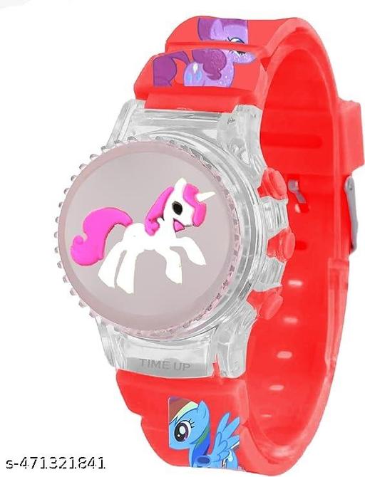 Digital Dial Glowing Light Cartoon Rotating Cap Cartoon Printed Strap Colorful Kids Watch for Girls & Boys