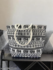 Trendy Canvas Bag with Black Elephant Print & Studded Handle – Perfect for Every day Use