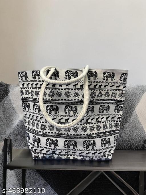 Trendy Canvas Bag with Black Elephant Print & Studded Handle – Perfect for Every day Use