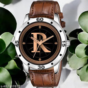 Natrix Analog Round Black Dial ALPHABET R Design Stylish Brown Leather Strap Classic Design Fancy Wrist Watch for Men and Boys, Pack of 1 - ALPHA-R-AVO-SIL-DBRW-CRL