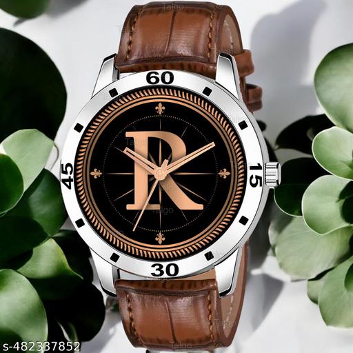 Natrix Analog Round Black Dial ALPHABET R Design Stylish Brown Leather Strap Classic Design Fancy Wrist Watch for Men and Boys, Pack of 1 - ALPHA-R-AVO-SIL-DBRW-CRL