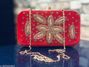 Women Stylish & Trendy Red Velvet Embroidery Clutch