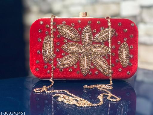 Women Stylish & Trendy Red Velvet Embroidery Clutch
