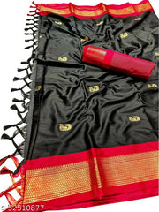 Paithani Cotton Silk Black Tassels and Latkans Saree With Blouse