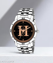 Prathshya Analog Round Black Dial ALPHABET H Design Stylish Silver Stainless Steel Strap Classic Design Fancy Wrist Watch for Men and Boys, Pack of 1 - ALPHA-H-AVO-SIL-STL