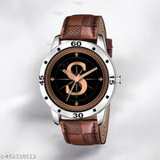 Natrix Analog Round Black Dial ALPHABET S Design Stylish Brown Leather Strap Classic Design Fancy Wrist Watch for Men and Boys, Pack of 1 - ALPHA-S-AVO-SIL-BRW-CHL