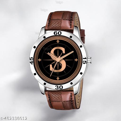 Natrix Analog Round Black Dial ALPHABET S Design Stylish Brown Leather Strap Classic Design Fancy Wrist Watch for Men and Boys, Pack of 1 - ALPHA-S-AVO-SIL-BRW-CHL